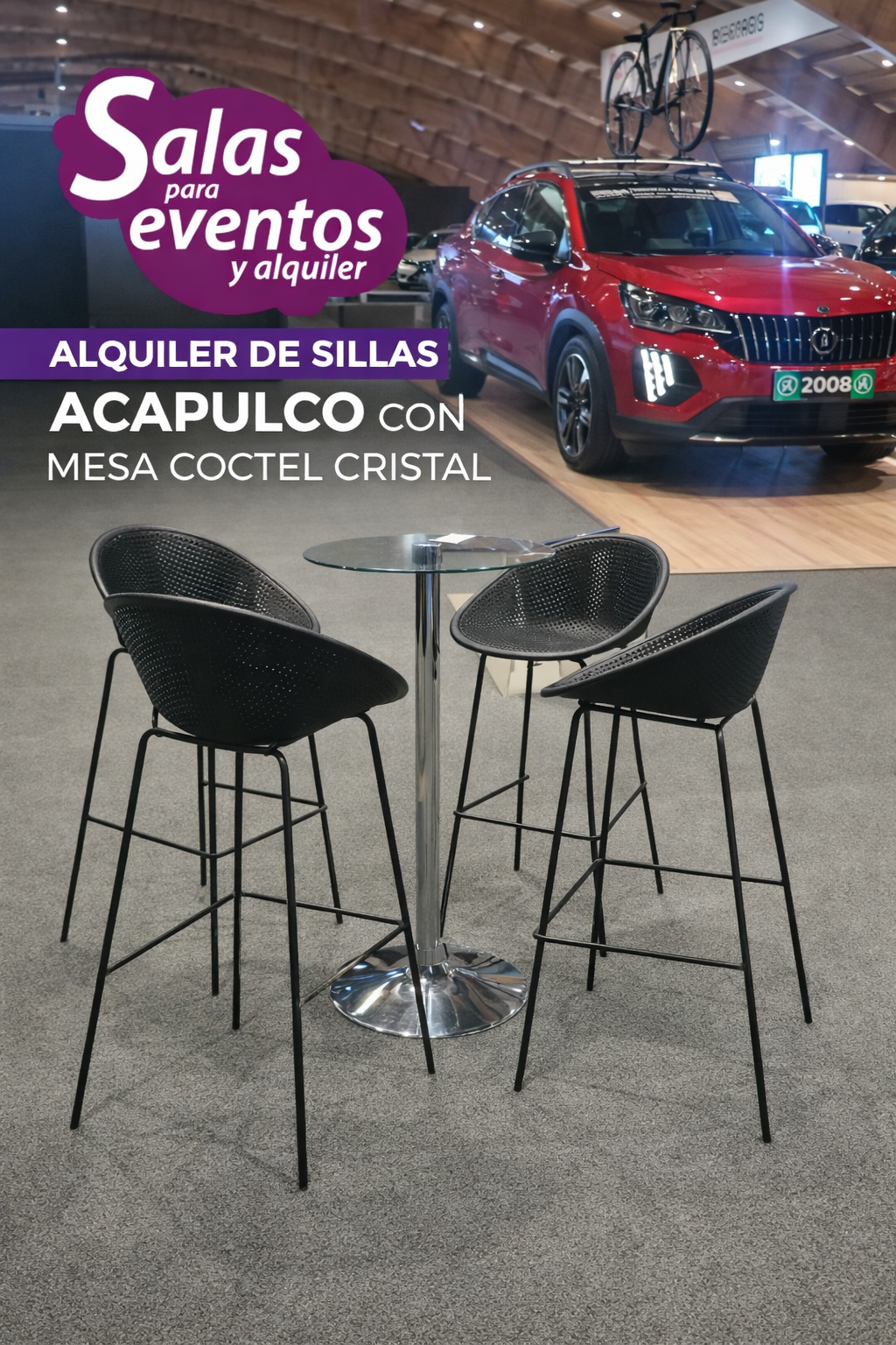 Mesas cocteleras y sillas elegantes para evento en Bogotá
